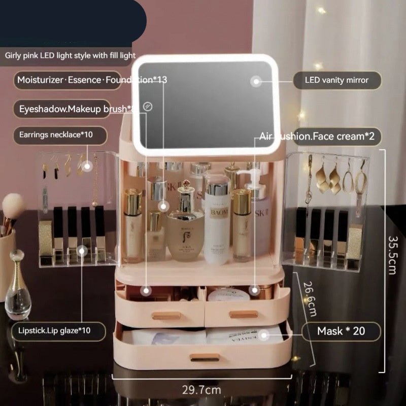 Mirror Integrated Light Desktop Large Capacity Lipstick Skin Care Products Cosmetics Storage Box - Fast shipping USA store