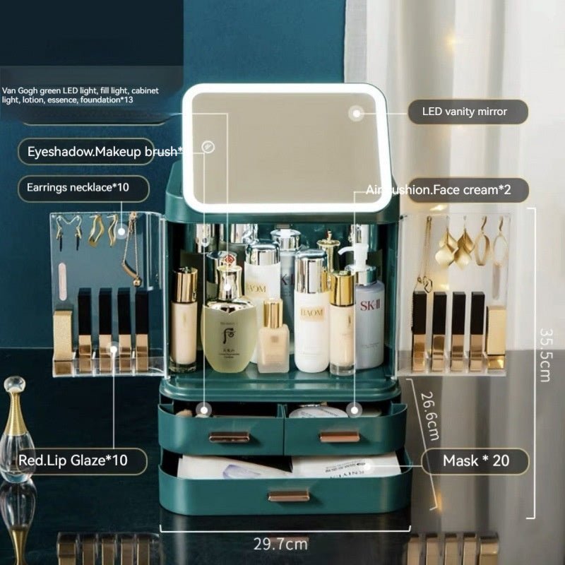 Mirror Integrated Light Desktop Large Capacity Lipstick Skin Care Products Cosmetics Storage Box - Fast shipping USA store
