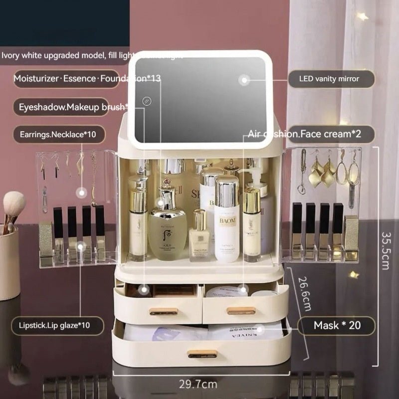Mirror Integrated Light Desktop Large Capacity Lipstick Skin Care Products Cosmetics Storage Box - Fast shipping USA store