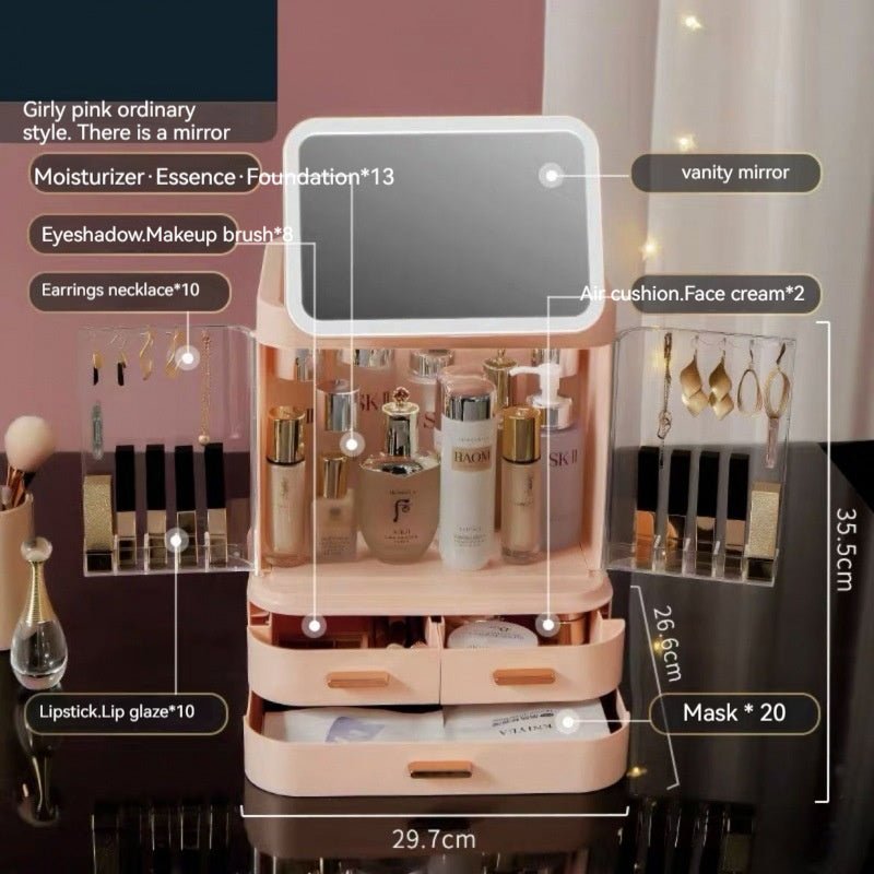 Mirror Integrated Light Desktop Large Capacity Lipstick Skin Care Products Cosmetics Storage Box - Fast shipping USA store