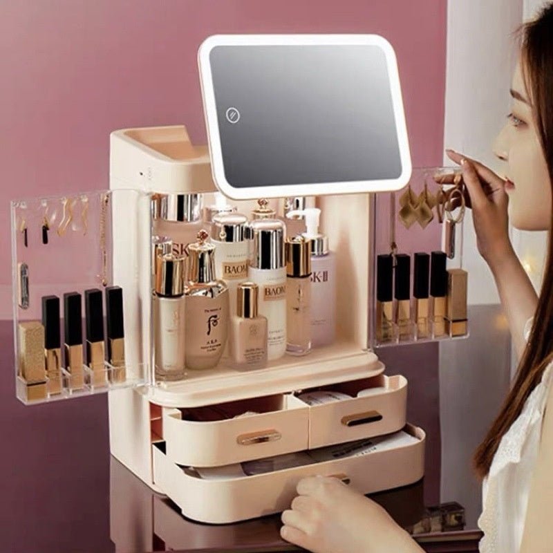 Mirror Integrated Light Desktop Large Capacity Lipstick Skin Care Products Cosmetics Storage Box - Fast shipping USA store