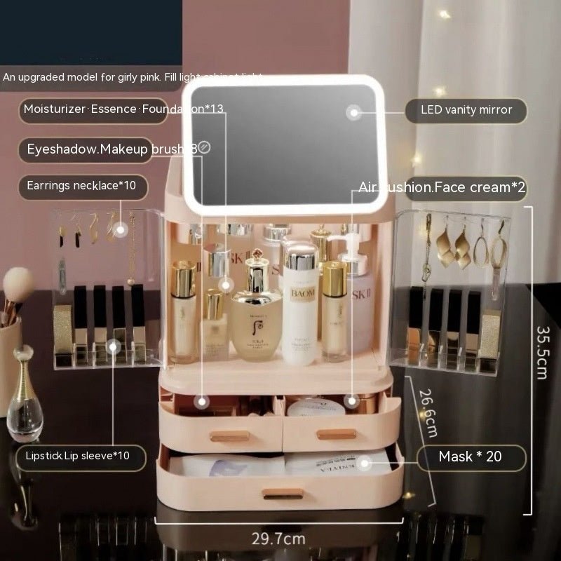 Mirror Integrated Light Desktop Large Capacity Lipstick Skin Care Products Cosmetics Storage Box - Fast shipping USA store