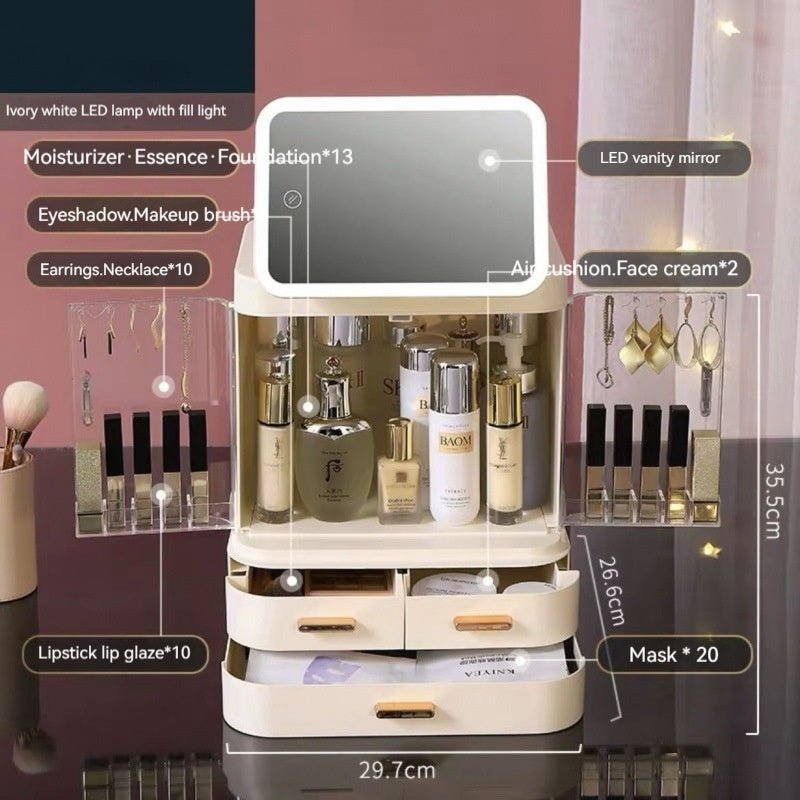 Mirror Integrated Light Desktop Large Capacity Lipstick Skin Care Products Cosmetics Storage Box - Fast shipping USA store
