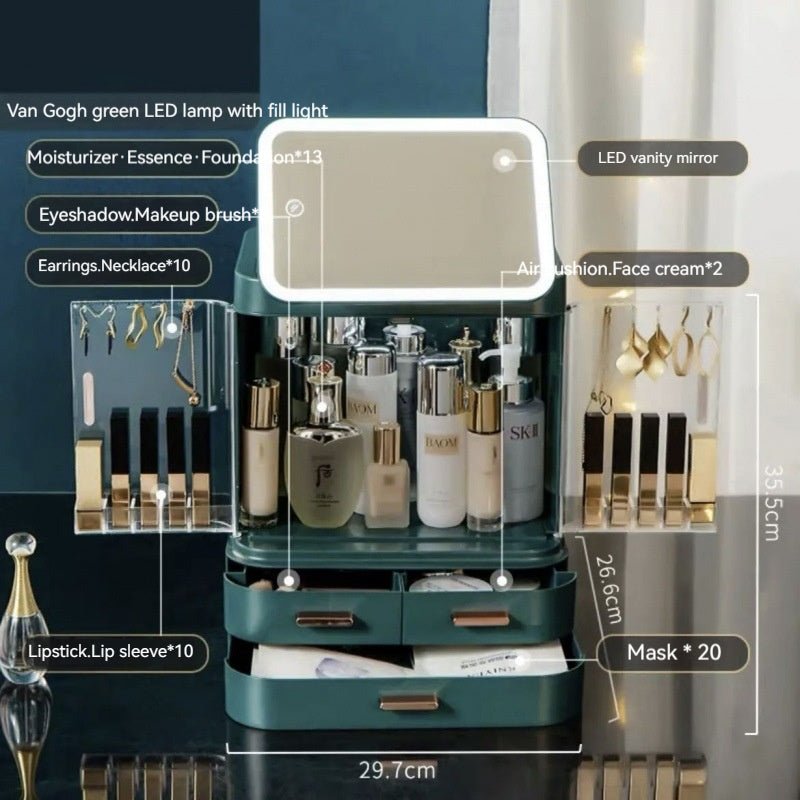 Mirror Integrated Light Desktop Large Capacity Lipstick Skin Care Products Cosmetics Storage Box - Fast shipping USA store